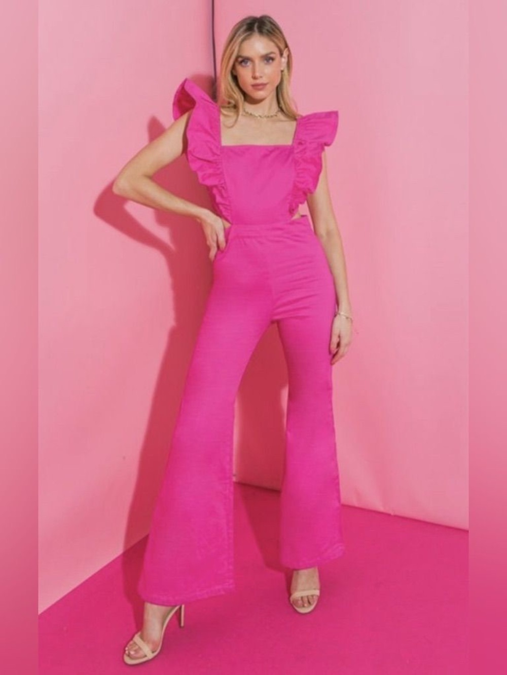 Flying Tomato Super Flare Jumpsuit Pink Cut-Out Ruffle Sides Boho Chic SZ Large